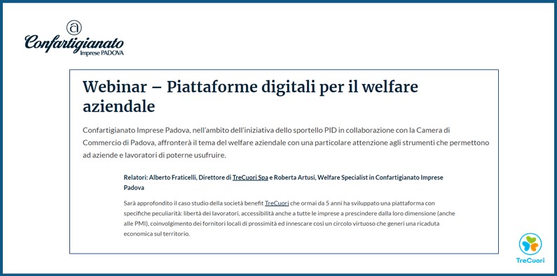 Confartigianato Padova ospita TreCuori al webinar “piattaforme digitali per il welfare aziendale”